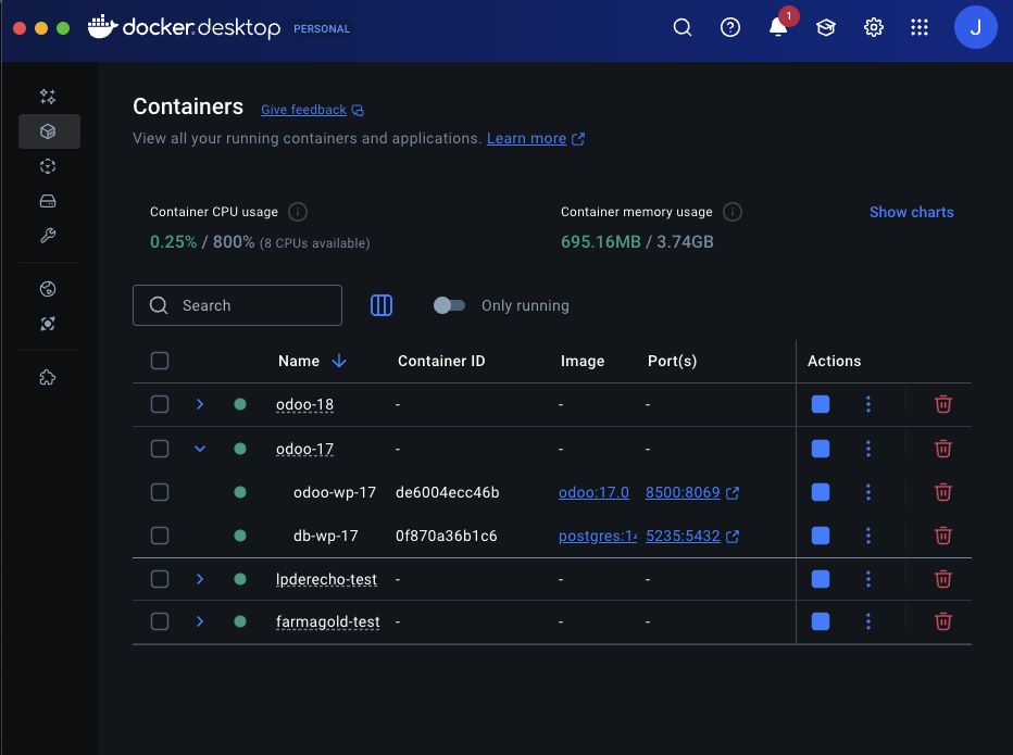 Vista de Docker Desktop