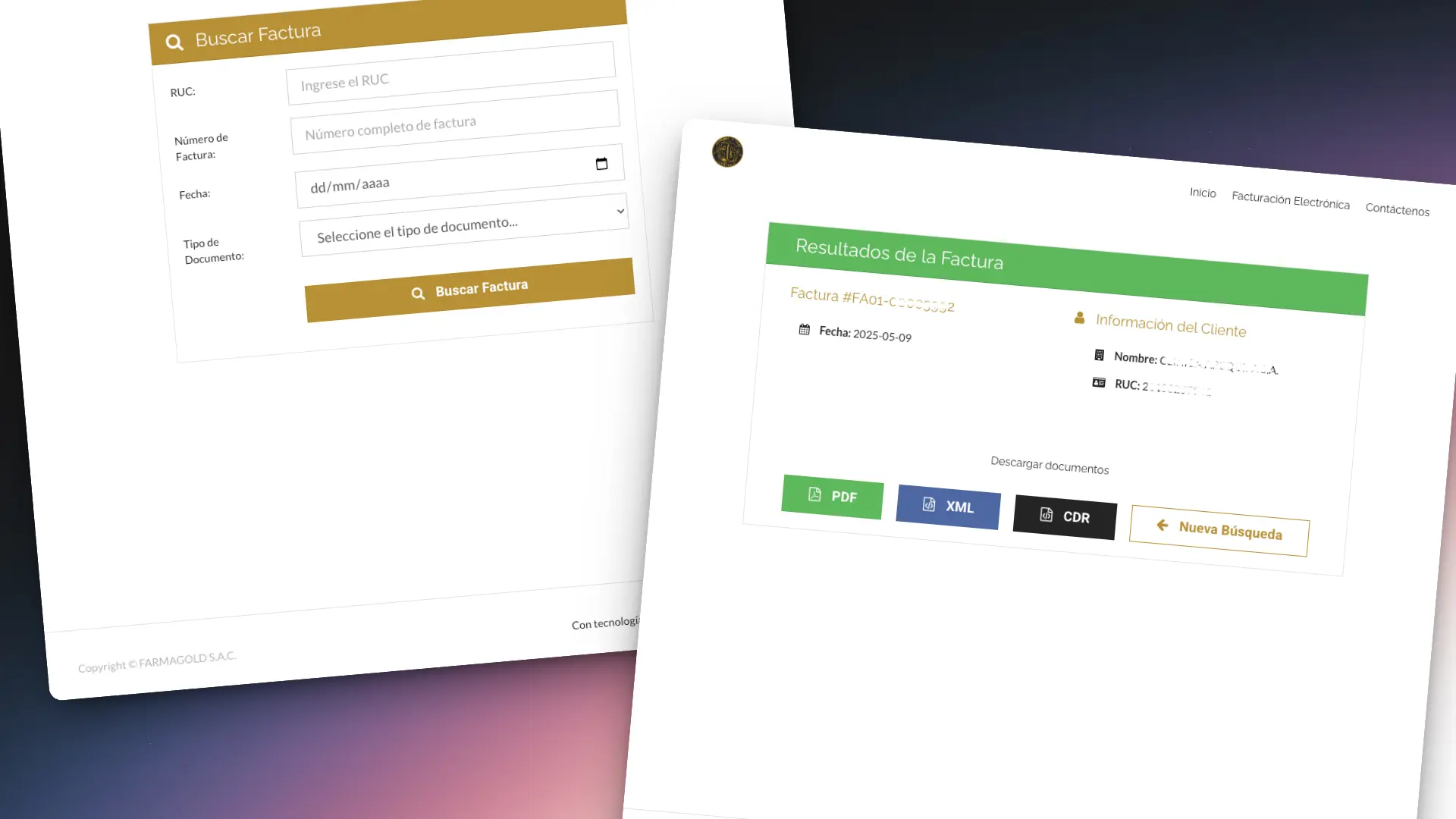Screenshot del proyecto Módulo integrado a Sitio Web para búsqueda de PDF, CDR y XML de facturas